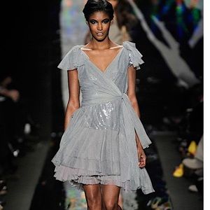 DVF Yadira Silver Sequin Tulle Runway Wrap Dress